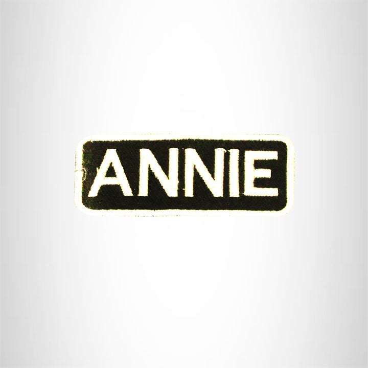ANNIE White on Black Iron on Name Tag Patch for Biker Vest NB272
