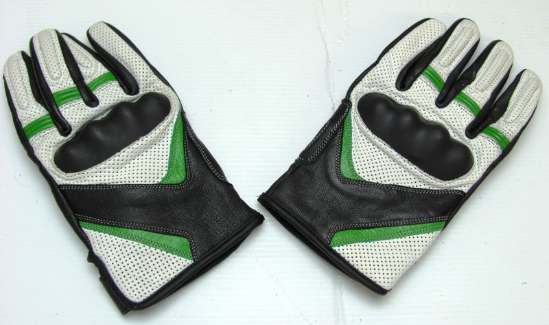 Leather Motorcycle Gloves with Armour Guard on Knuckles White Black Green XL-STURGIS MIDWEST INC.