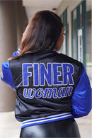 1920 Finer Woman Bomber Jacket – Royal Blue & Black Sorority Jacket for Women | Satin Custom Greek Apparel