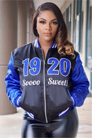 1920 Finer Woman Bomber Jacket – Royal Blue & Black Sorority Jacket for Women | Satin Custom Greek Apparel