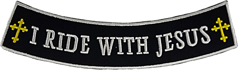 I RIDE with JESUS White on Black w/Boarder & Yellow Crosses Iron On Sew On Bottom Rocker Large Back Patch for Jacket Vest