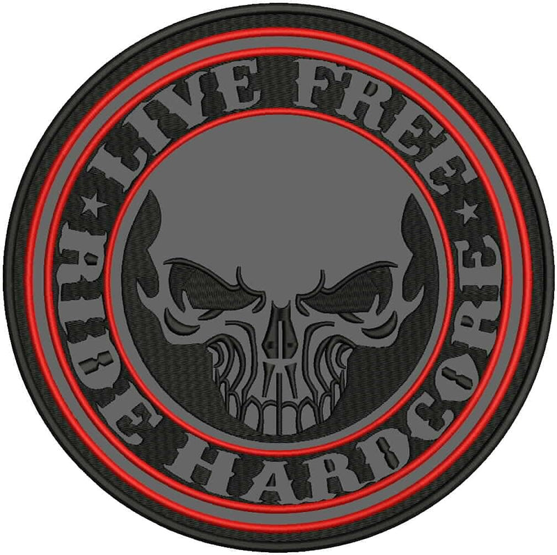 LIVE FREE RIDE HARD REFLECTIVE & RED ON BLACK Iron on Round Center Back Patch for Biker Vest