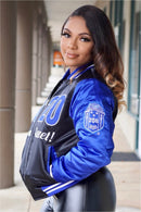 1920 Finer Woman Bomber Jacket – Royal Blue & Black Sorority Jacket for Women | Satin Custom Greek Apparel