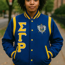 Custom Sigma Gamma Rho Sorority Jacket | Blue and Gold Varsity Letterman for Women | Personalized Embroidered SGRho Jacket - STURGIS MIDWEST INC.