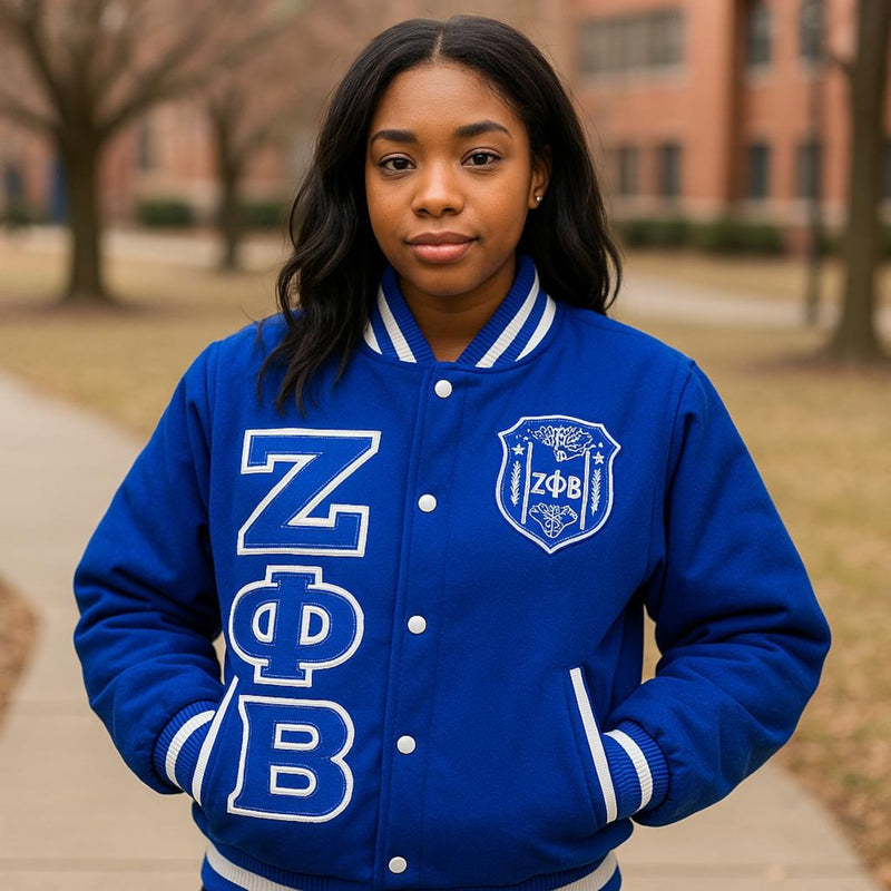 Custom Zeta Phi Beta Sorority Varsity Jacket – Embroidered Greek Letterman for Women, Personalized & Made to Order