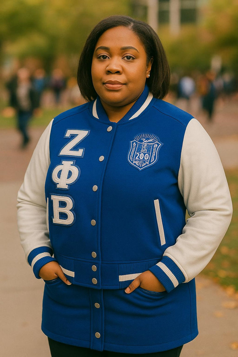 Fully Customized Zeta Phi Beta Sorority Varsity Jacket Wool & Leather Letterman for Plus size Women Made to Fit with Personalization