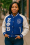 Zeta Phi Beta Sorority Varsity Wool Jacket Custom White & Blue for Women, Made to Order with Personalization Custom Fit, Add number or text