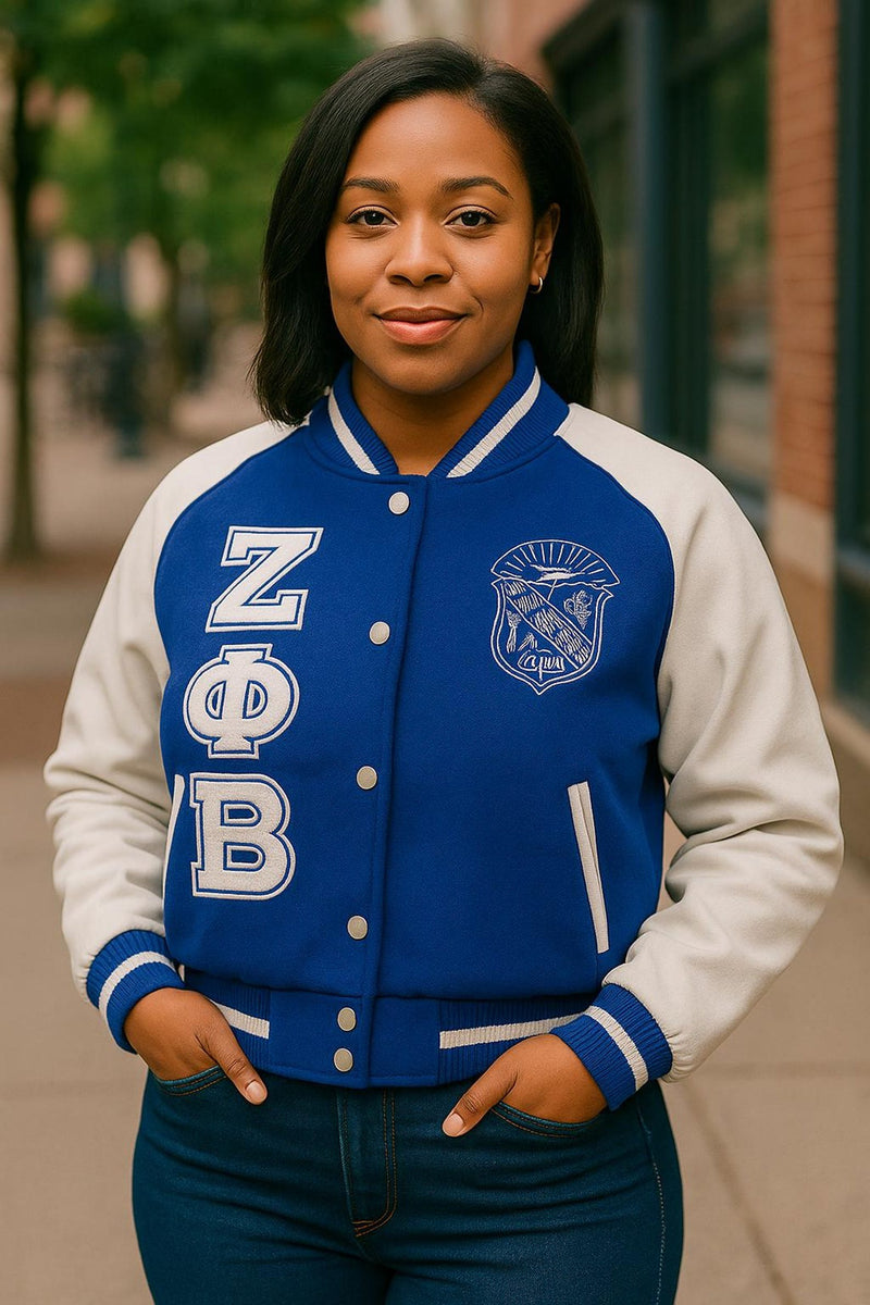 Zeta Phi Beta Sorority Varsity Wool Jacket Custom White & Blue for Women, Made to Order with Personalization Custom Fit, Add number or text