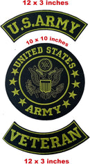 US Army Veteran 3 - Piece Large Back Patch Set – Embroidered Military Biker Patches Iron On Sew On - STURGIS MIDWEST INC.