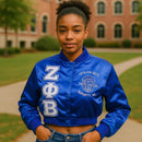 Zeta Phi Beta cropped satin bomber jacket Satin Bomber Jacket Custom Greek Sorority Embroidered Jacket – Tailor Made Crop top Style D9 - STURGIS MIDWEST INC.