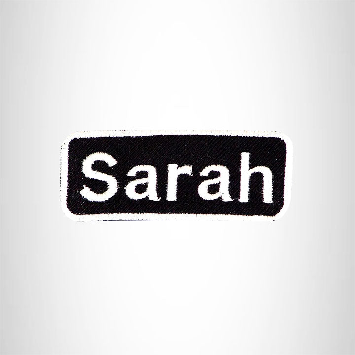 SARAH Black and White Name Tag Iron on Patch for Biker Vest and Jacket NB318
