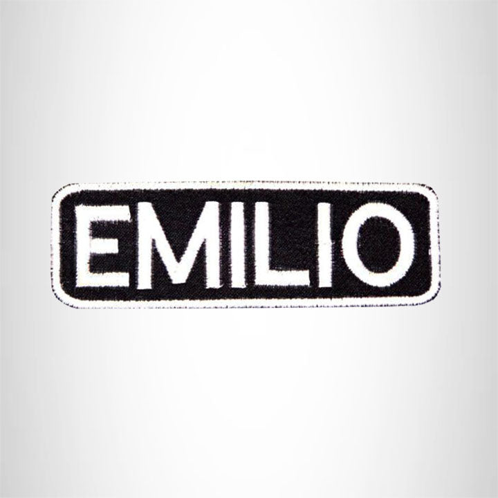 Emilio Black on White Name Tag Iron on Patch for Biker Vest and Jacket NB216