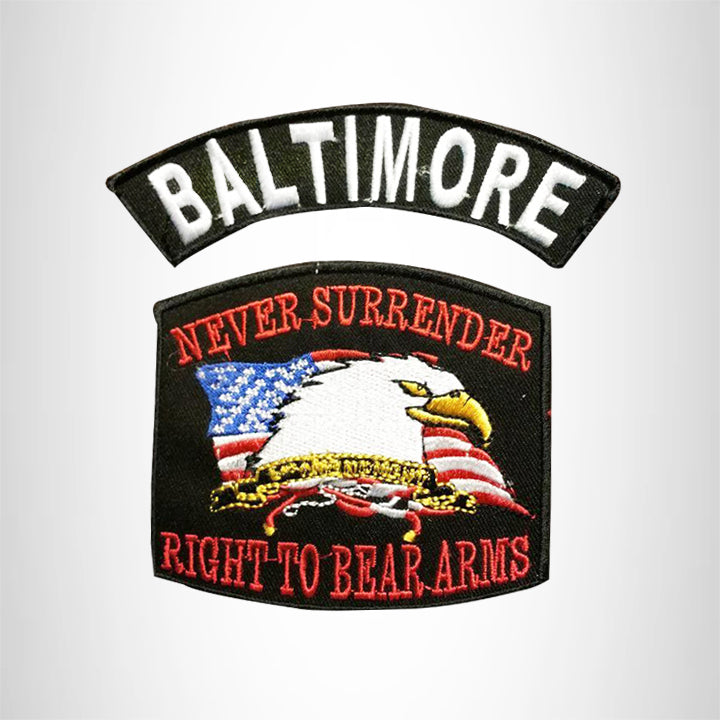 BALTIMORE and NEVER SURRENDER Small Patches Set for Biker Vest