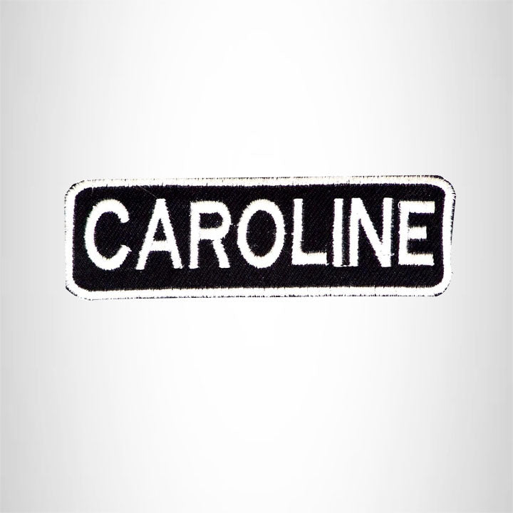 CAROLINE Black and White Name Tag Iron on Patch for Biker Vest and Jacket NB280