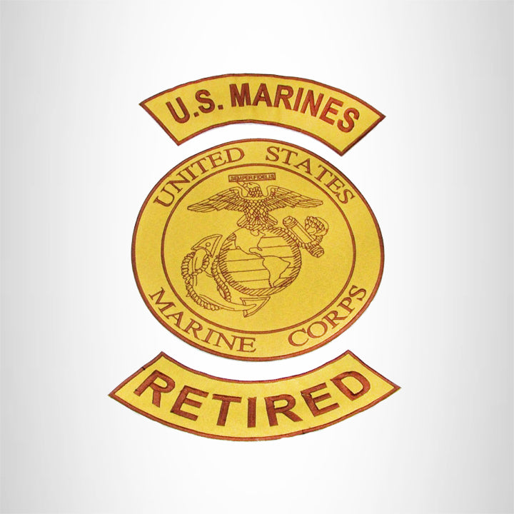 MARINES RETIRED Brown on Gold Iron on 3 Large Back Patches Set for Biker Vest Jacket