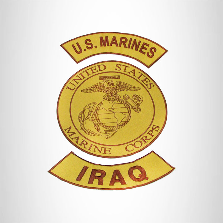MARINES IRAQ Brown on Gold Iron on 3 Large Back Patches Set for Biker Vest Jacket