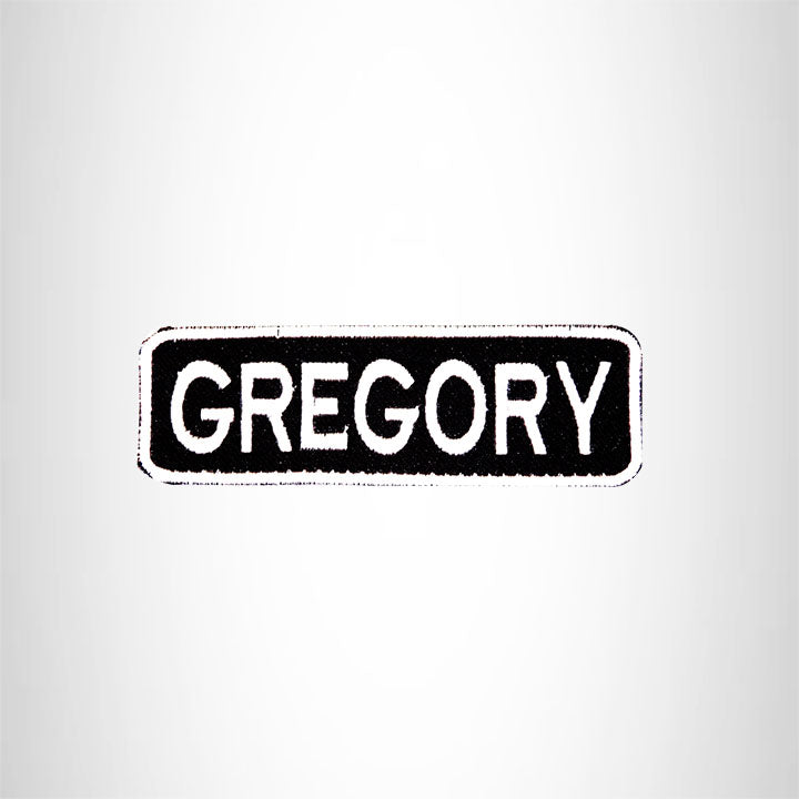 GREGORY Black and White Name Tag Iron on Patch for Biker Vest and Jacket NB221