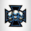 Blue and White Maltese cross with Three Skulls Small Patch Iron on for Biker Vest SB753
