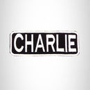 CHARLIE White on Black Iron on Name Tag Patch for Biker Vest NB207
