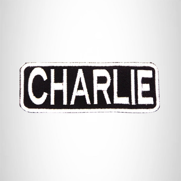 CHARLIE White on Black Iron on Name Tag Patch for Biker Vest NB207