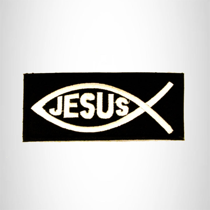 Jesus Fish White on Black Small Patch Iron on for Biker Vest SB813