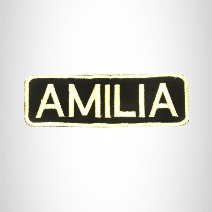 AMILIA White on Black Iron on Name Tag Patch for Biker Vest NB270