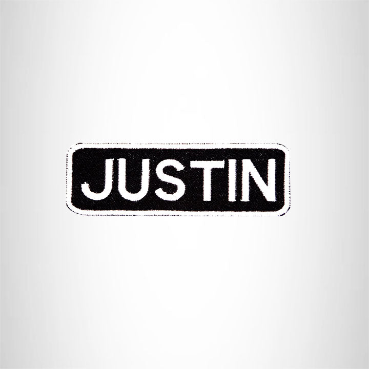 JUSTIN Black and White Name Tag Iron on Patch for Biker Vest and Jacket NB232