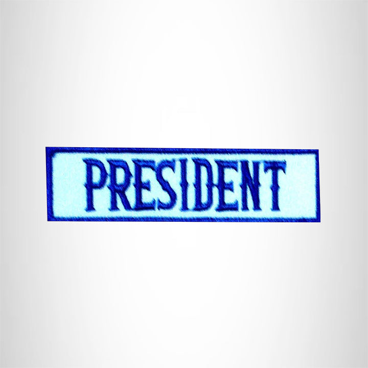 PRESIDENT Blue on White Small Patch Iron on for Biker Jacket Vest SB440