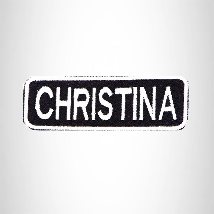 CHRISTINA Black and White Name Tag Iron on Patch for Biker Vest and Jacket NB284