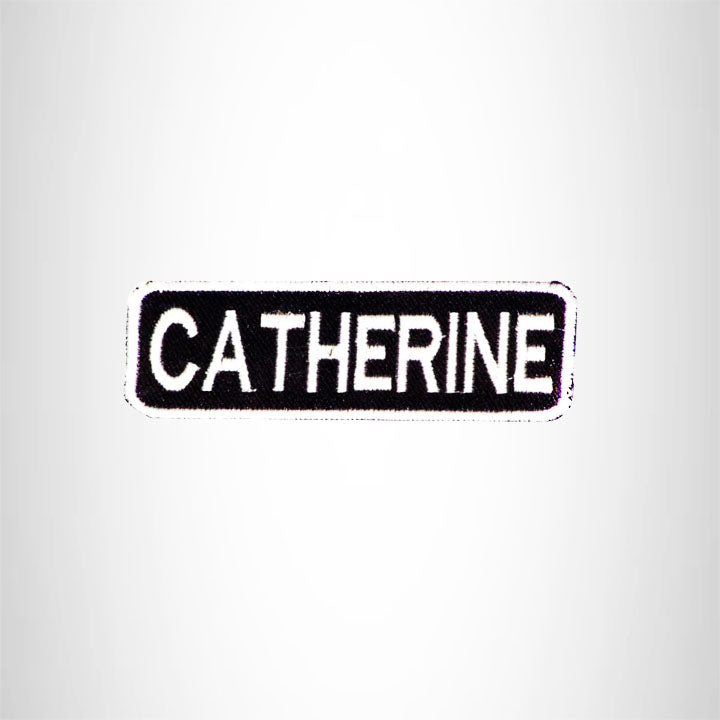 CATHERINE Black and White Name Tag Iron on Patch for Biker Vest and Jacket NB282