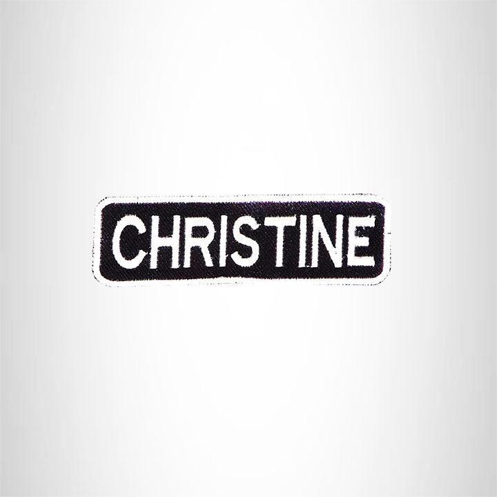 CHRISTINE Black and White Name Tag Iron on Patch for Biker Vest and Jacket NB285