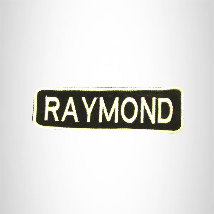 RAYMOND White on Black Iron on Name Tag Patch for Biker Vest NB246