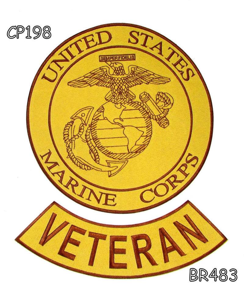 MARINE CORPS VETERAN Brown on Gold 2 Patches Set Iron on for Biker Vest and Jacket-STURGIS MIDWEST INC.