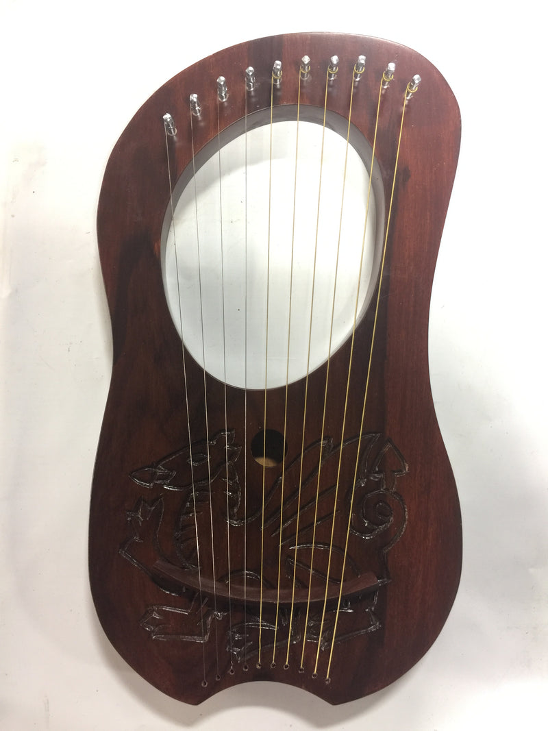 Lyre Harp 10 String Solid Wood Handmade Dragon Carved with Tuning Wrench Extra String