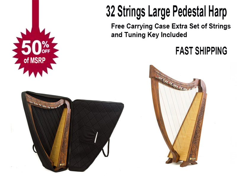 42 INCH TALL Irish Celtic Pedestal Harp 32 Strings Extra Strings & Tuning Lever Free Carrying case-STURGIS MIDWEST INC.