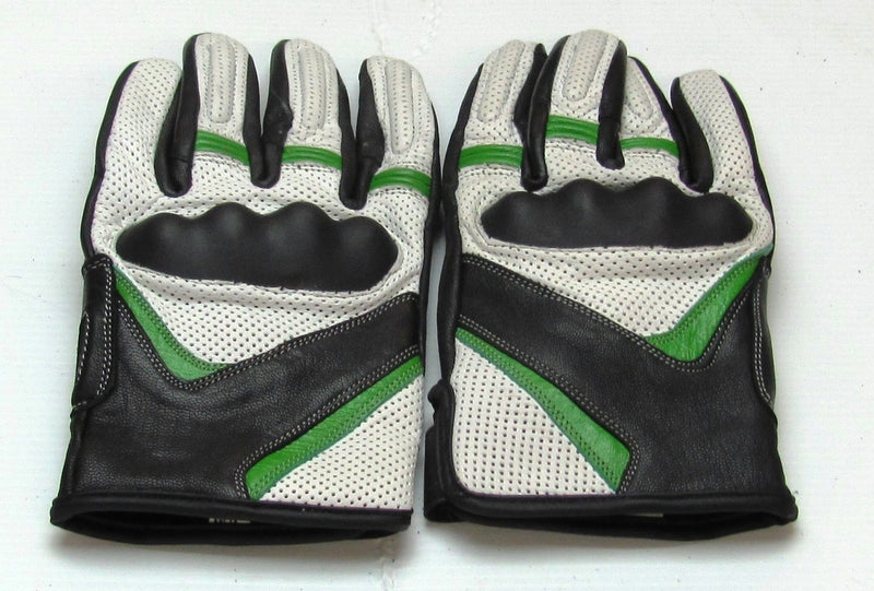 Leather Motorcycle Gloves with Armour Guard on Knuckles White Black Green LARGE-STURGIS MIDWEST INC.