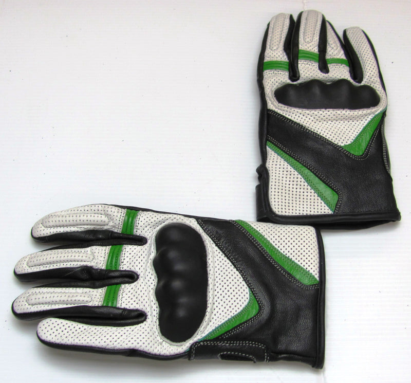 Leather Motorcycle Gloves with Armour Guard on Knuckles White Black Green LARGE-STURGIS MIDWEST INC.