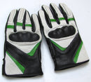 Leather Motorcycle Gloves with Armour Guard on Knuckles White Black Green LARGE-STURGIS MIDWEST INC.
