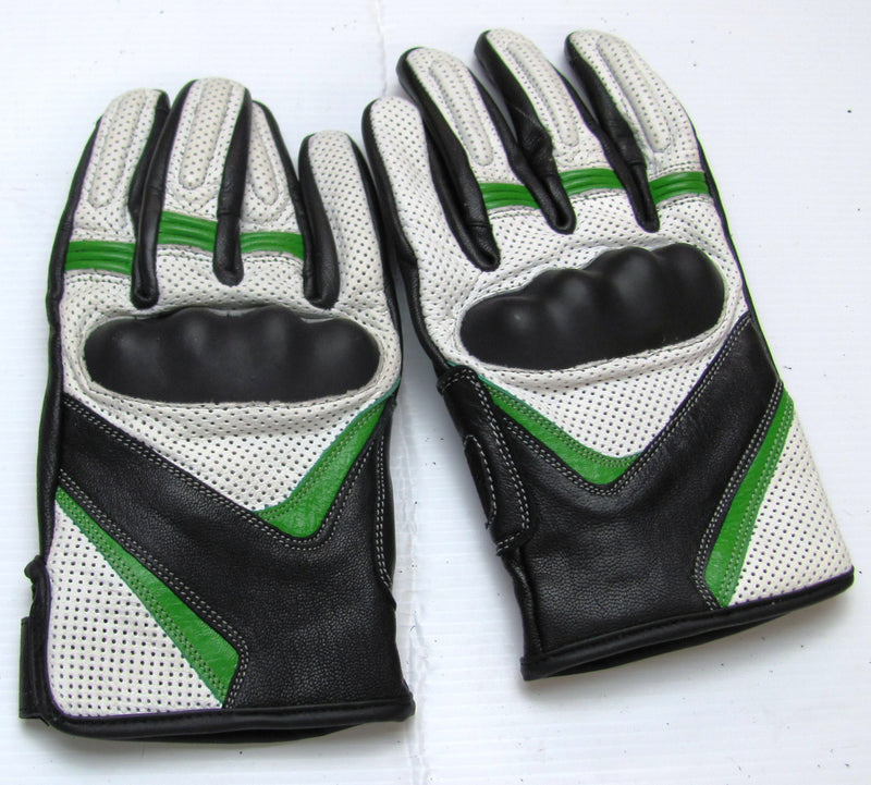 Leather Motorcycle Gloves with Armour Guard on Knuckles White Black Green LARGE-STURGIS MIDWEST INC.