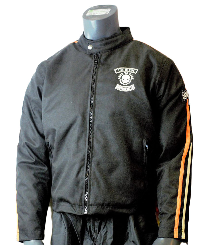 MOTORCYCLE WEATHER JACKET ORANGE ON BLACK LIVE TO RIDE CHEST SIZES 56-STURGIS MIDWEST INC.