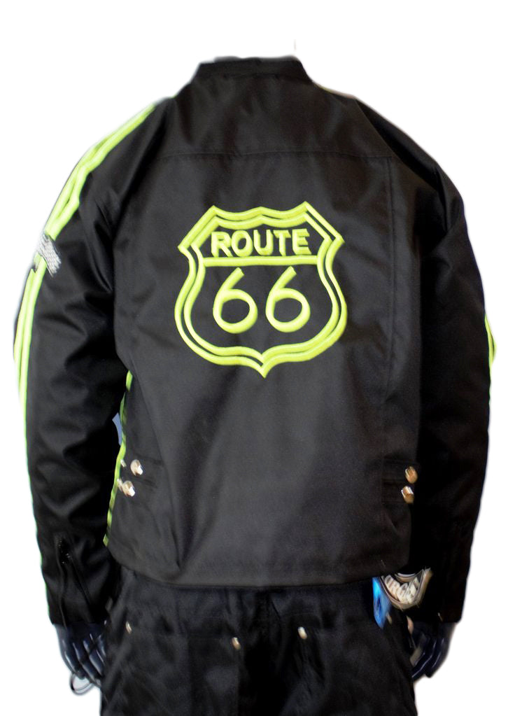 MOTORCYCLE WEATHER JACKET GREEN ON BLACK ROUTE 66 DESIGN CHEST SIZES 56-STURGIS MIDWEST INC.