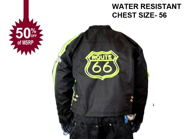 MOTORCYCLE WEATHER JACKET GREEN ON BLACK ROUTE 66 DESIGN CHEST SIZES 56-STURGIS MIDWEST INC.
