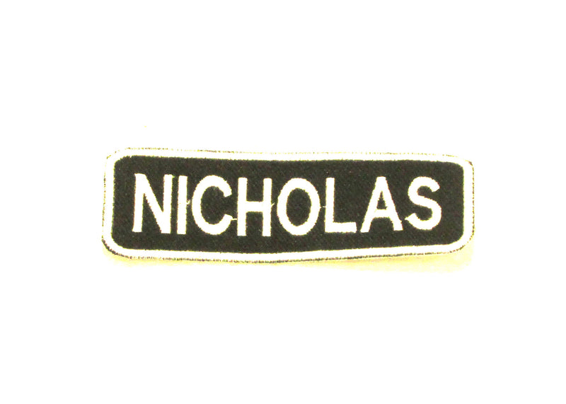 NICHOLAS White on Black Iron on Name Tag Patch for Biker Vest NB239-STURGIS MIDWEST INC.