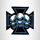 Blue and White Maltese cross with Three Skulls Small Patch Iron on for Biker Vest SB753 - STURGIS MIDWEST INC.