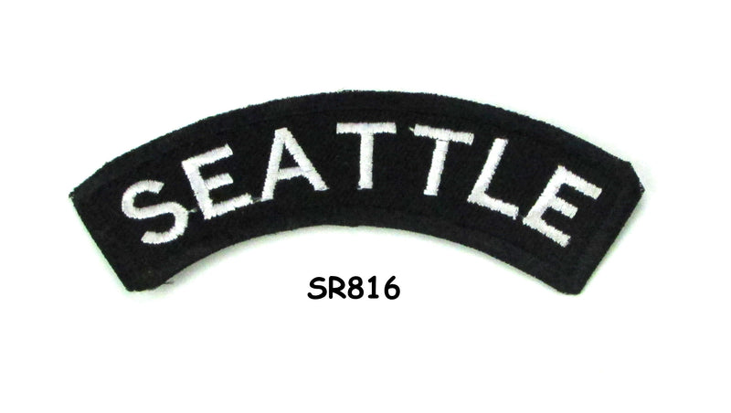 Seattle White on Black Small Rocker Iron on Patches for Biker Vest and Jacket-STURGIS MIDWEST INC.
